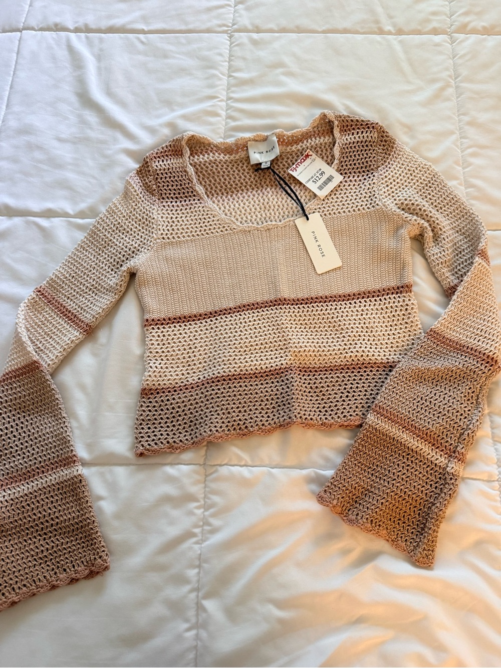 New Pink Rose Beige Striped Knit Crochet Top Sweater Medium
